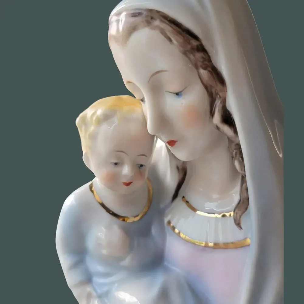 Vintage 1960s Madonna and Child Ceramic Planter with Gold Trim
